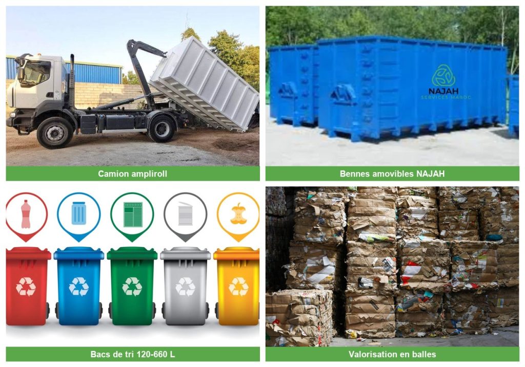 Moyens de gestion des déchets NAJAH Services Maroc : camion ampliroll, bennes amovibles, bacs de tri et balles